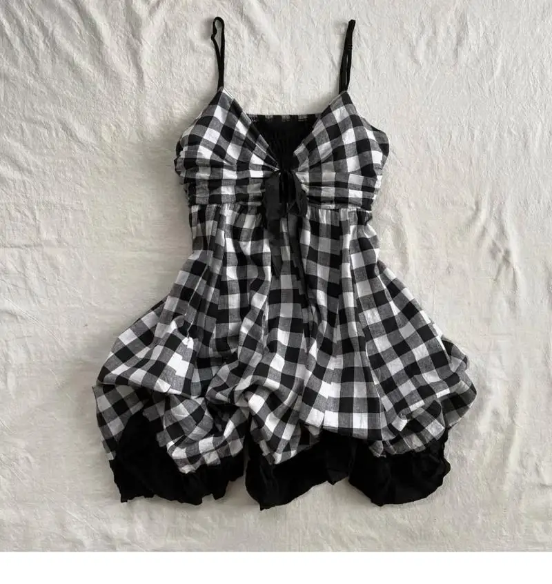 Vintage Y2k Loose Plaid Black Dress Women Spicy Girl Chic Sexy Sling Summer Off Shoulder Dresses A-line Casual Mini Dresses