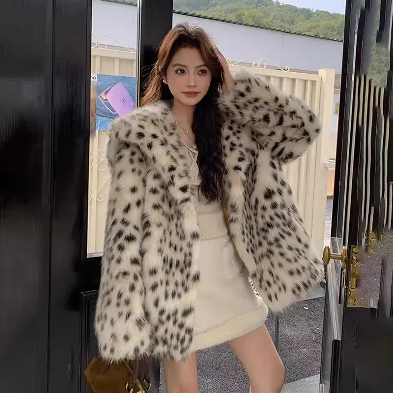 Leopard Print Fur Thicke Fur Jacket Women's Outwear Autumn Winter New Eco-Friendly Faux Fox Fur Leopard Print Lapel Fur Coat