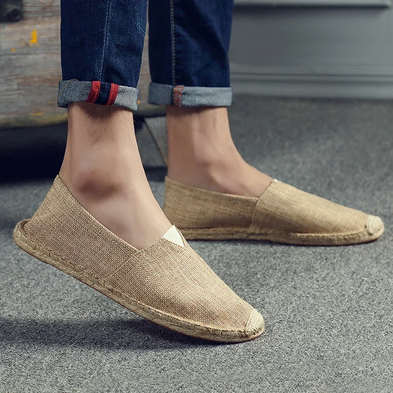 Summer Autumn Shoes Man Women Slip on Loafers Casual Shoes Espadrilles Hemp Sewing Flax Canvas Flat Shoes Plus Size