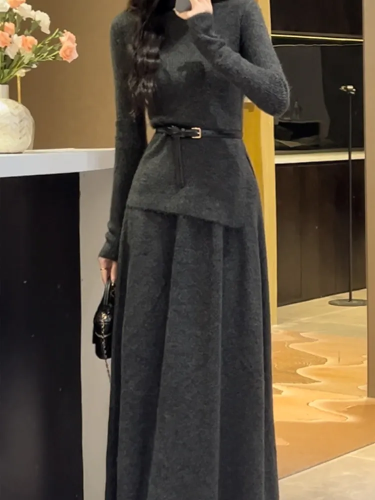 

Stunning Long Sve Split Skirt Set Women's Faion Autumn Outfit Beautiful round Ne Two-Piece Suit Ethnic Sle Teenager