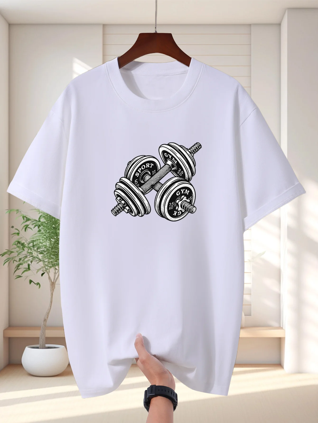 Sketch Dumbbell Print Men Short Sleeve Tshirt Retro Gym Weight O Neck Tee Workout Enthusiast Casual Male Street Fashion Tops