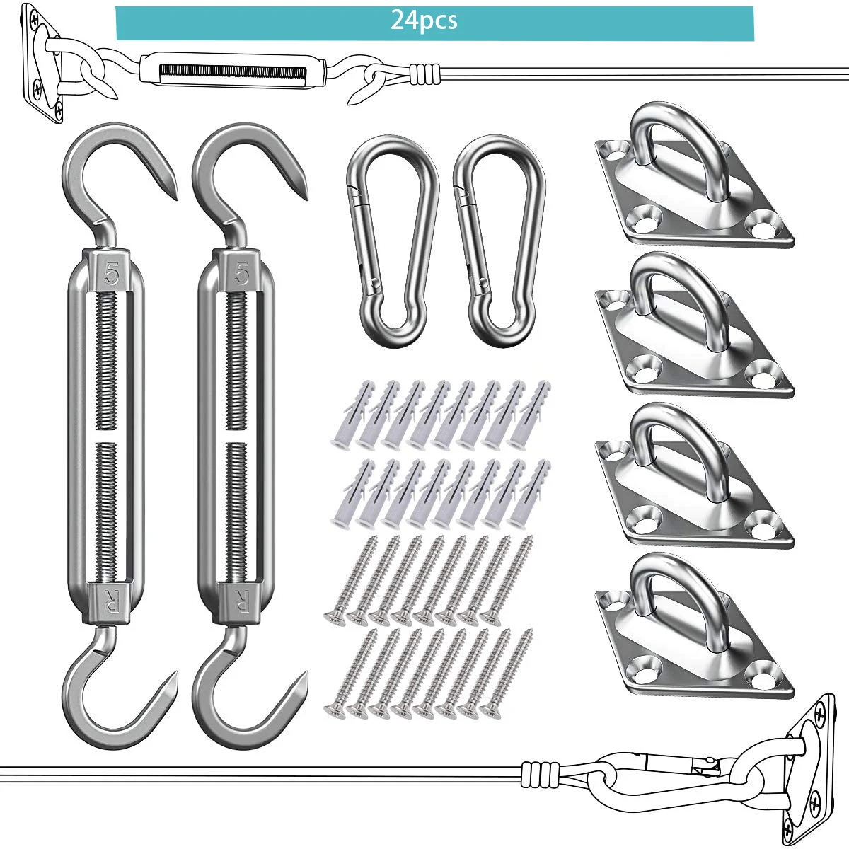 304 Stainless Steel Sun Shade Sail Hardware Kit, Rectangle Square Shade Sail, Outdoor Installation, 24Pcs