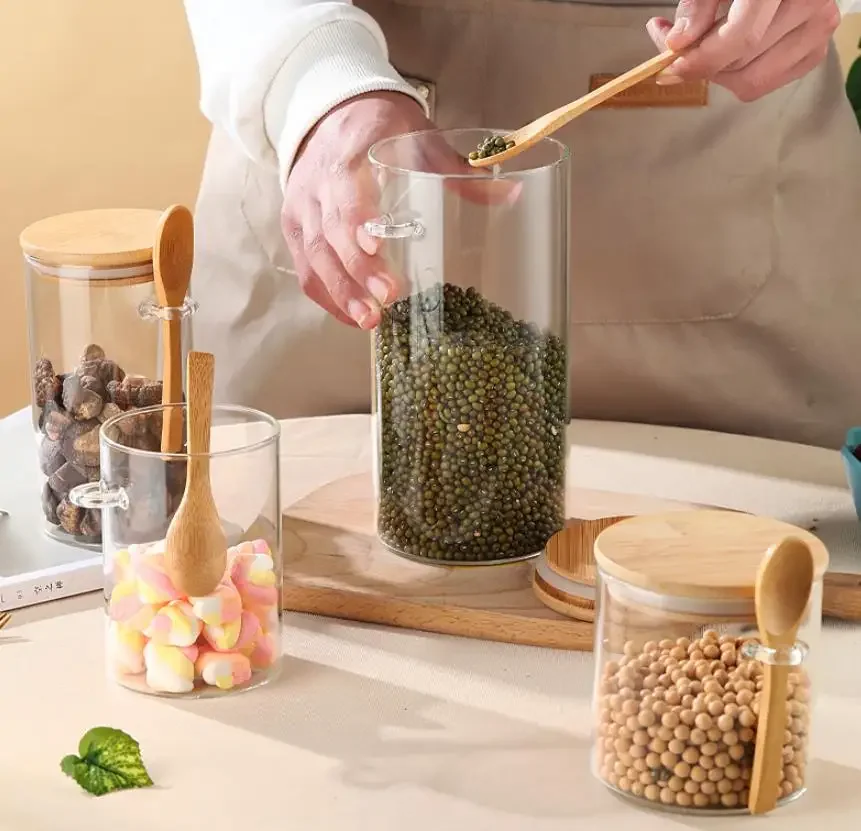 Glass Sealed Jars Seasoning Jars Set with Wooden Spoon and Wooden Lid Seasoning Jars Candy Household Containers Storage Jars