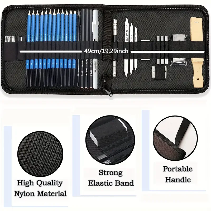 

Профессиональный набор для рисования, набор карандашей для рисования, портативный дорожный футляр на молнии — угольные карандаши, карандаши для эскизов, угольная палочка, S