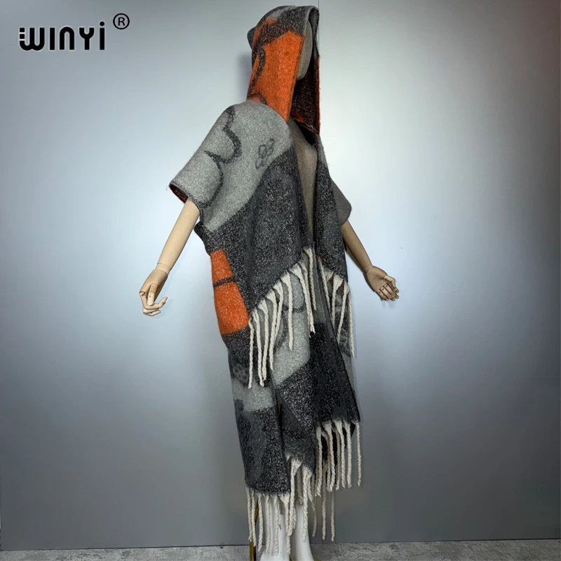 WINYI Afrykański zimowy płaszcz z kapturem dla kobiet, kardigan, abaja, luksusowy strój z Dubaju, płaszcz z otwartym przodem, kimona, długa kurtka puchowa, sukienka-poncho