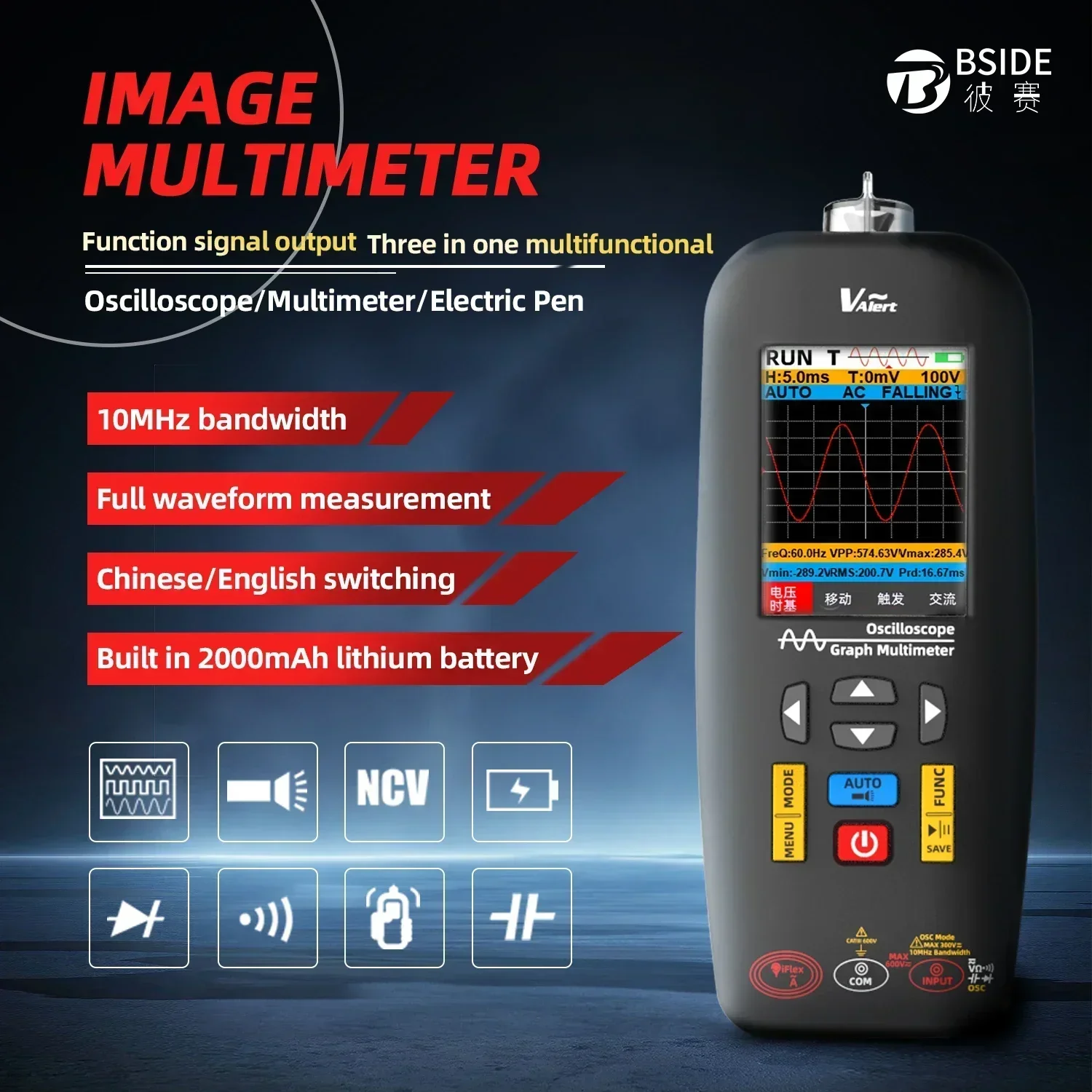 High Precision BSIDE O1X Digital Oscilloscope 48MSa/s 10Mhz Auto Range Combined with True RMS Digital Multimeter for PC Waveform