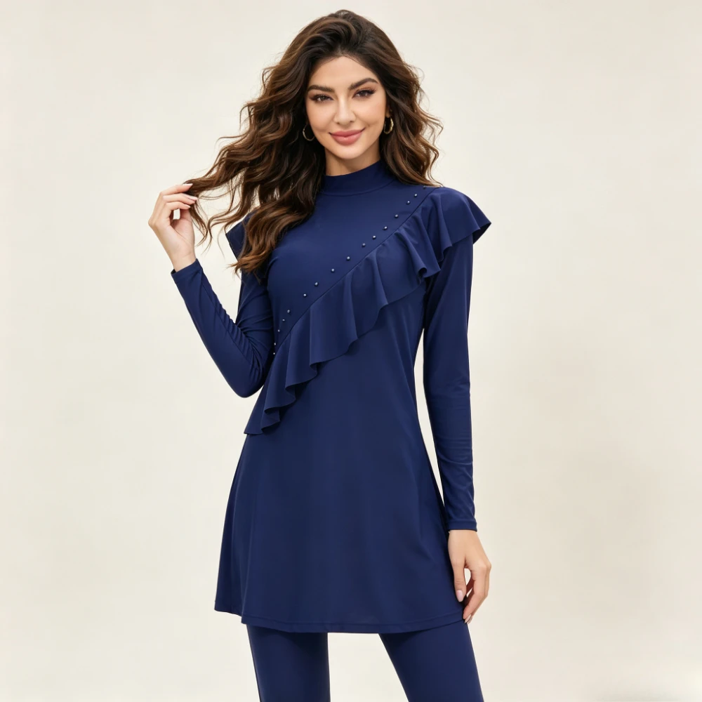 3 Pieces Ruffle Pearl Beaded Modest Burkini Swimsuit Women Long Sleeve High Neck Tunic Full Leggings Hijab Islamic Bathing Suit