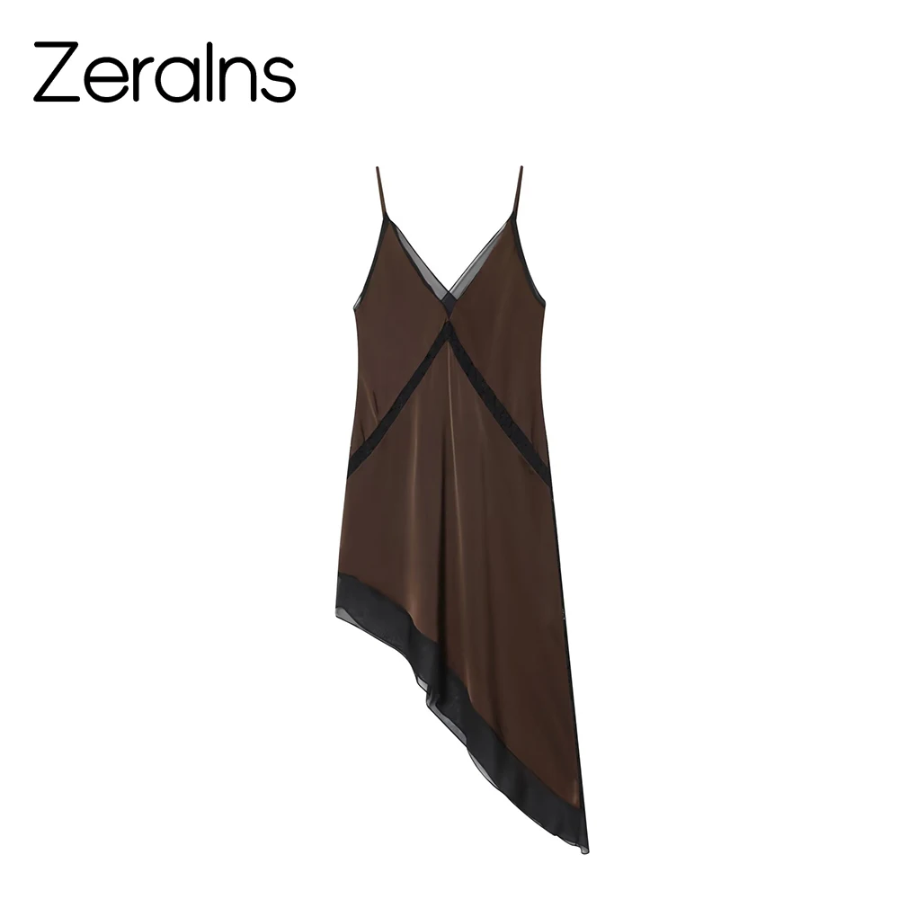 ZERAINS 2025, neues Winterprodukt, französisches, sexy, asymmetrisches Midikleid aus Satin mit Spitze und Riemen
