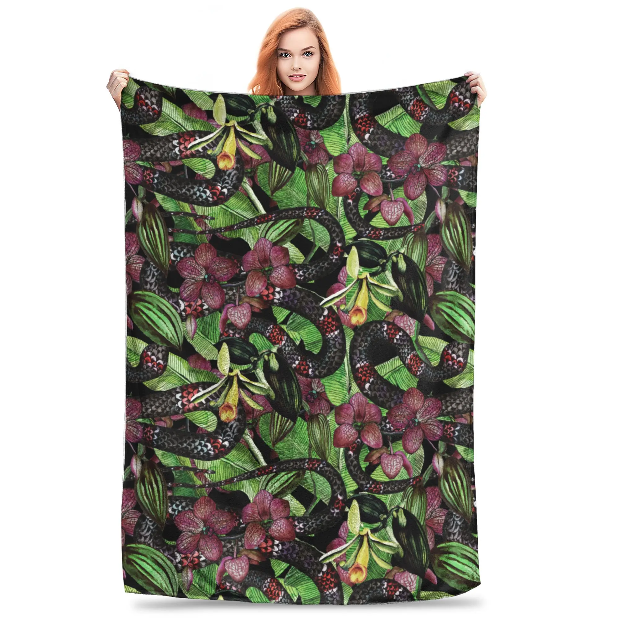 Super Soft Tropical Flower Leaves Snakes Throw Blanket Premium Flannel Fleece Arizona Coral Snake Bed Blanket Super Cozy