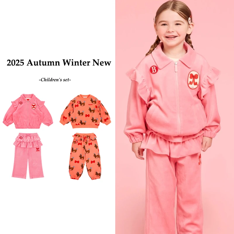 

2025 зимняя новая детская мода, флисовый теплый толстый свитшот на молнии с героями мультфильмов, комплекты брюк с кружевным дизайном и рукавами, комплекты брюк с капюшоном