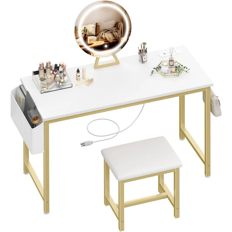 

White Makeup Vanity Desk with Lights - 40“ Vanitys with Lighted Mirror & Power Outlet, Make Up Vanity Set with Chair, Dressing