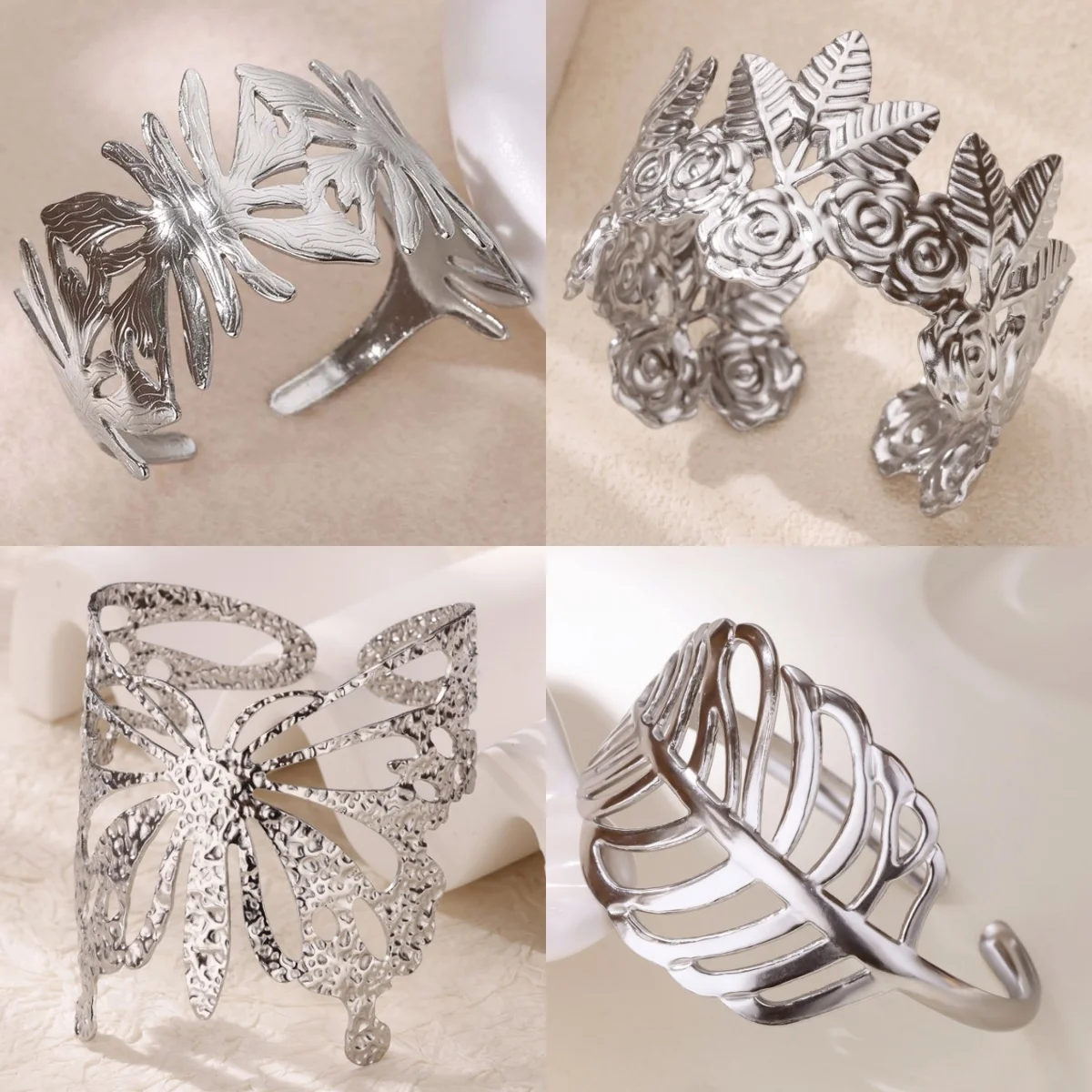 

10psc Leaf Flower Stainless Steel Openwork Women's Bracelet Textured Butterfly Elegment Party Jewelry Bracelet Gifts bijoux