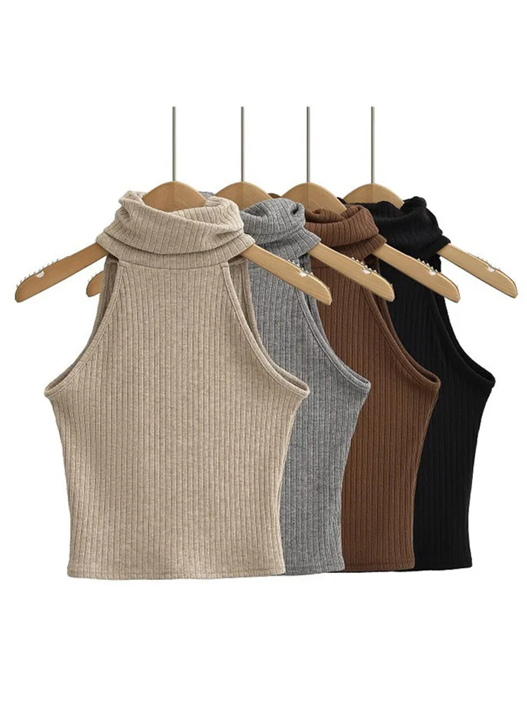 

Knitting Girl Turtleneck Tank Top Narrow Shoulder Knitted Sleeveless Vest For Women Spring And Autumn Tight