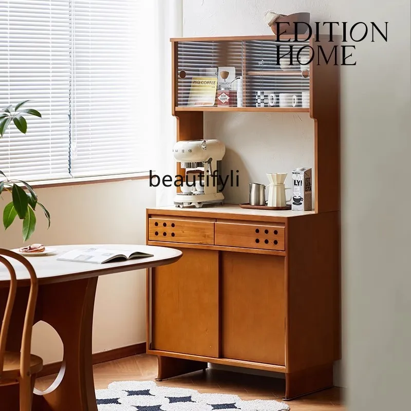 

Retro style solid wood small apartment restaurant storage cabinet travertine rock slab locker multi-functional side cabinet