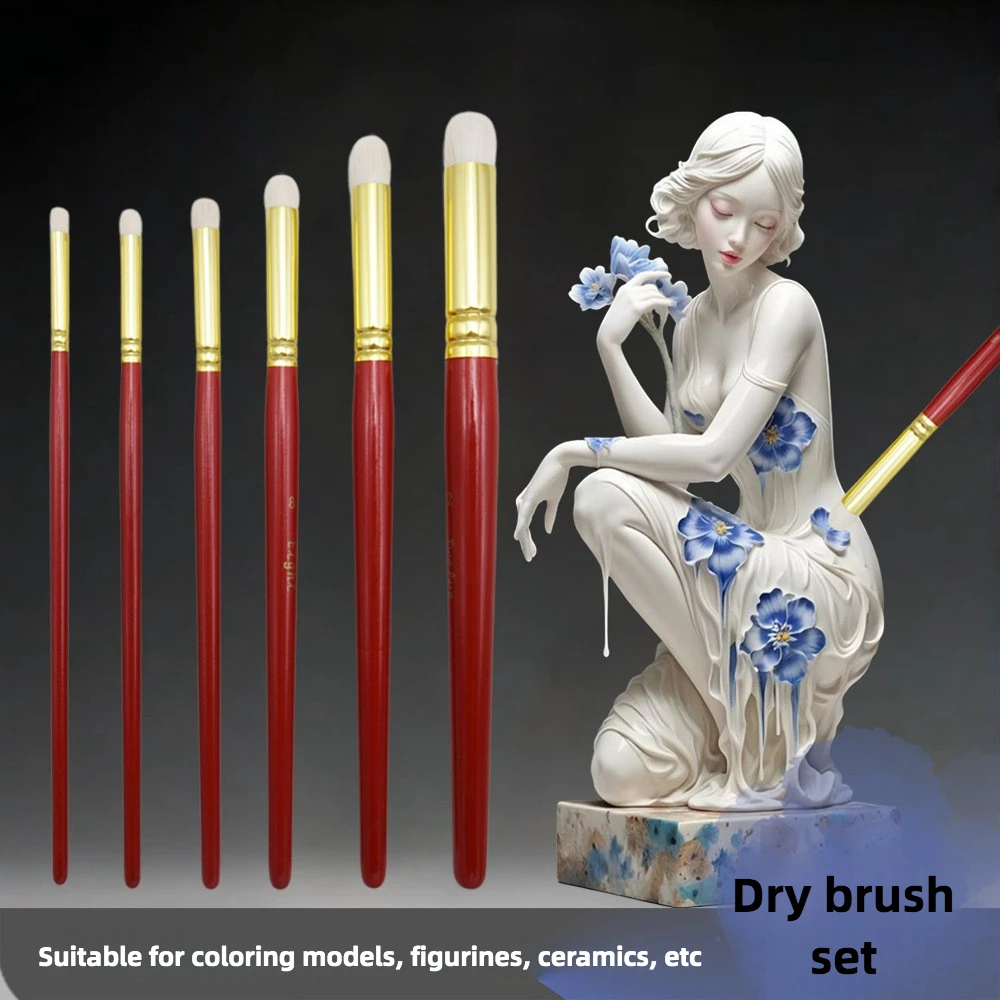 

6pcs wool hair round head dry brush three-color oil painting set gouache watercolor mold figure ceramic model brush Art supplies