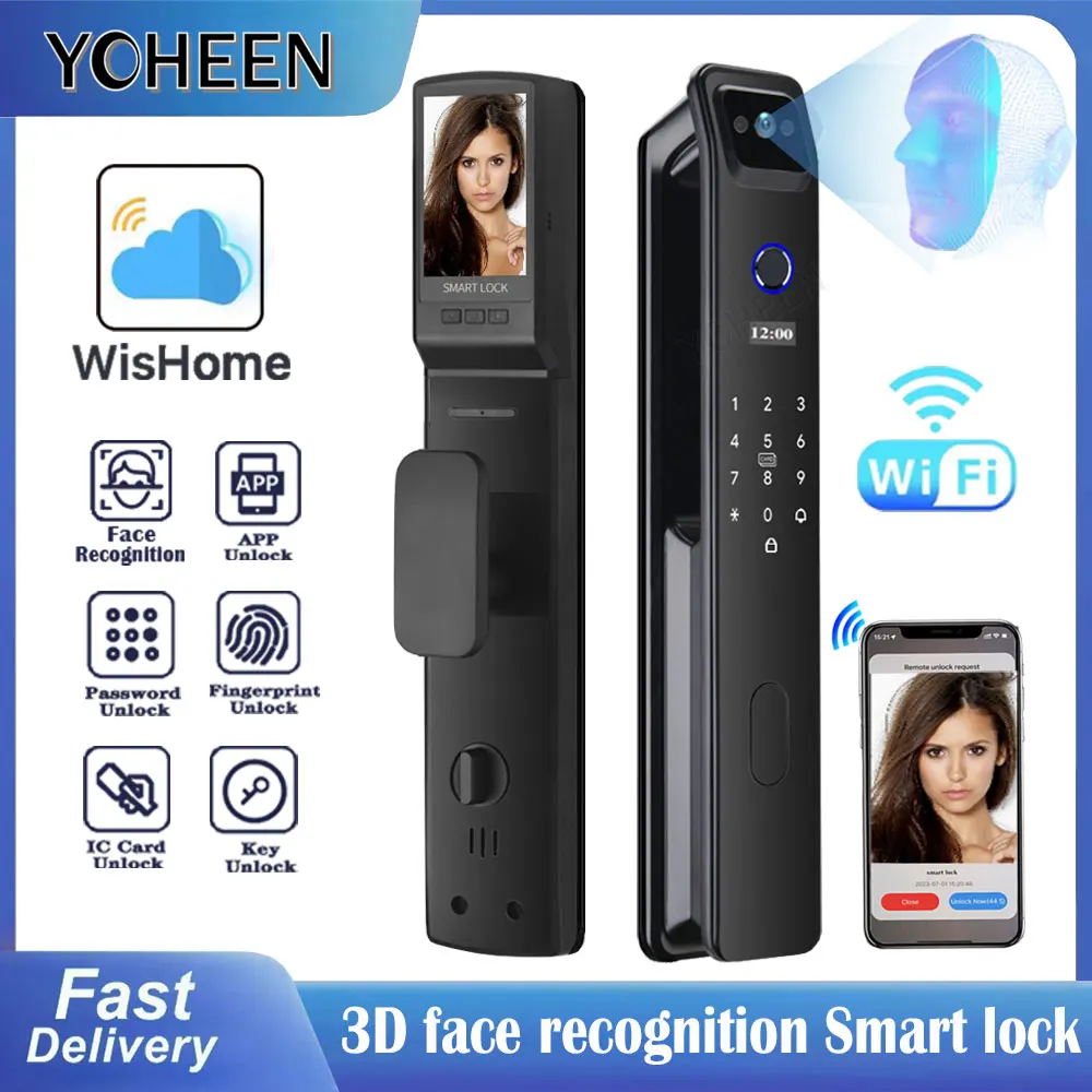 

Fingerprint 3D Facial Recognition Smart Lock Cat's Eye wifi app Visual Doorbell Digital Door Lock With Nfc Code Card Key