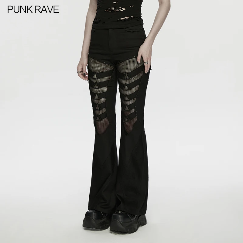 PUNK RAVE Women's Punk Mesh Flared Pants Twill Patchwork Sexy Symmetrical Leg Loops Rubber Triangle Unique Design Trousers