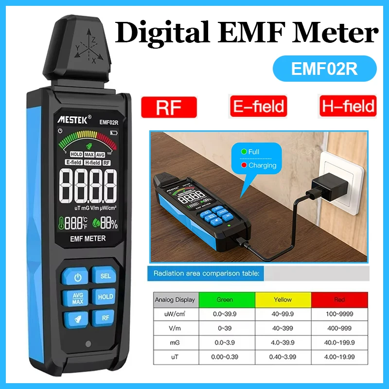 EMF02R Digital Color Screen XYZ-axis EMF Meter 30MHz~8Ghz Electromagnetic Field Radiation Detector RF Radio Frequency Sensor