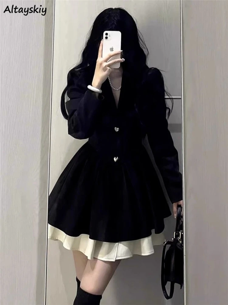 Long Sleeve Black Dresses Women Ball Gown Sweet Elegant Chic Patchwork Defined Waist Preppy Style Girls Lovely Spring Autumn New