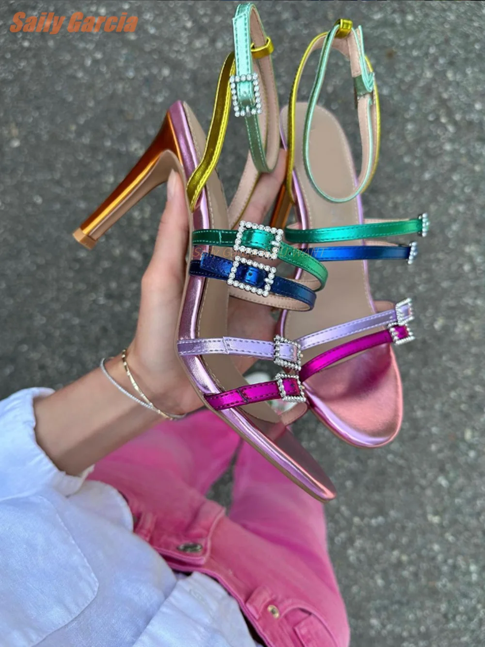 

Rainbow Strappy Sandals Sexy Mixed Color Stiletto Fashion Summer Women Shoes Luxury Shoes Round Open Toe Patent Leather New