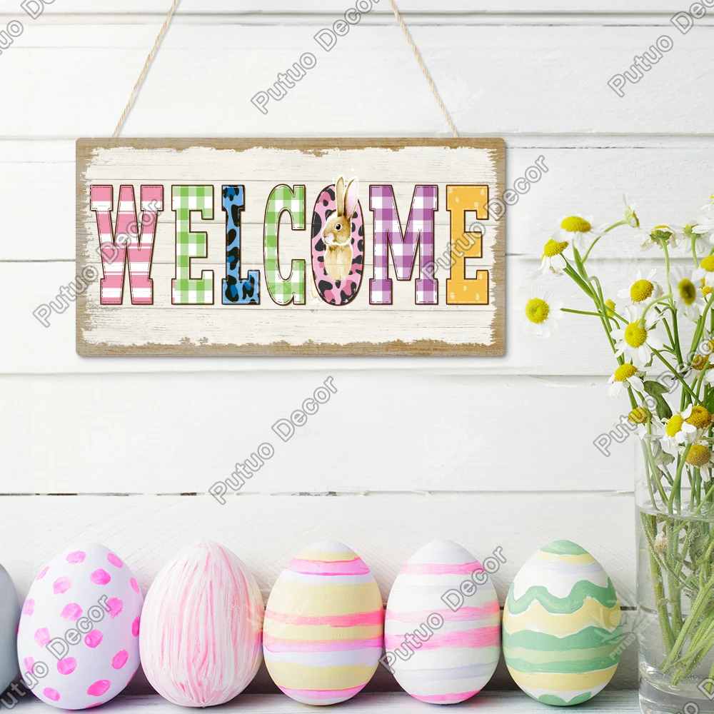 

Putuo Decor 1pc Welcome Wooden Sign with Bunny Tail,Wooden Hanging Wall Decor for Home Farmhouse Cafe Florist's Shop,Easter Gift