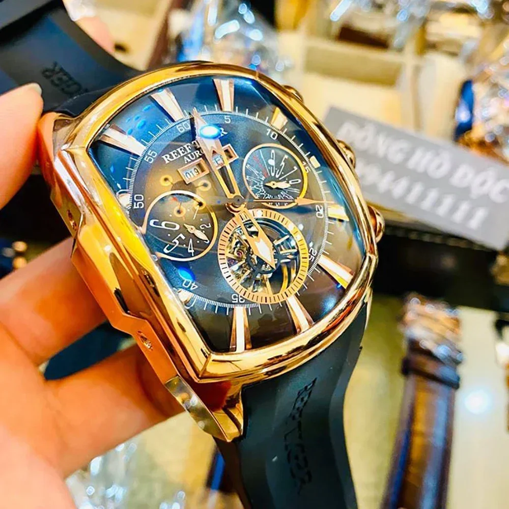 Reef Tiger Relógio Mecânico Automático de Luxo para Homens Tourbillon Calendário Semana Relógio de Pulso Automático Multifuncional À Prova D 'Água