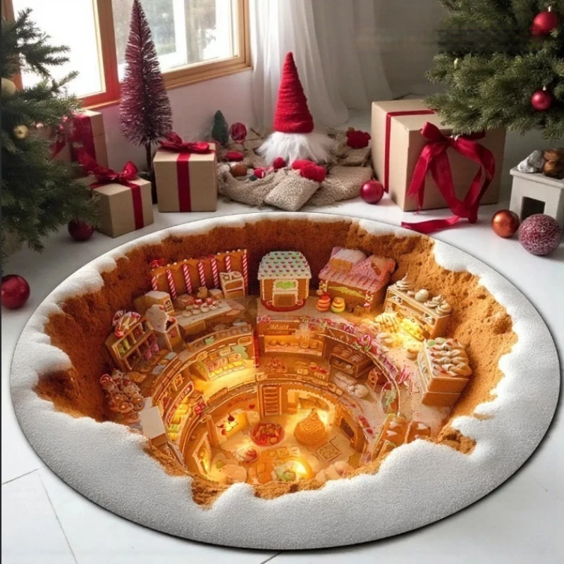 Christmas Bedroom Decor Round Washable Carpet 2D Simulation Rugs for Bedroom Washable Study Floor Mat Anti-slip Bedside Soft Rug