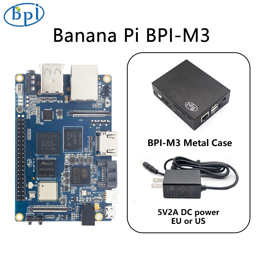

Banana Pi BPI-M3 With Case Power Allwinner A83T Octa-core Cortex-A7 2GB LPDDR3 8GB eMMC With WiFi BT Support SD-Card SATA 2.0