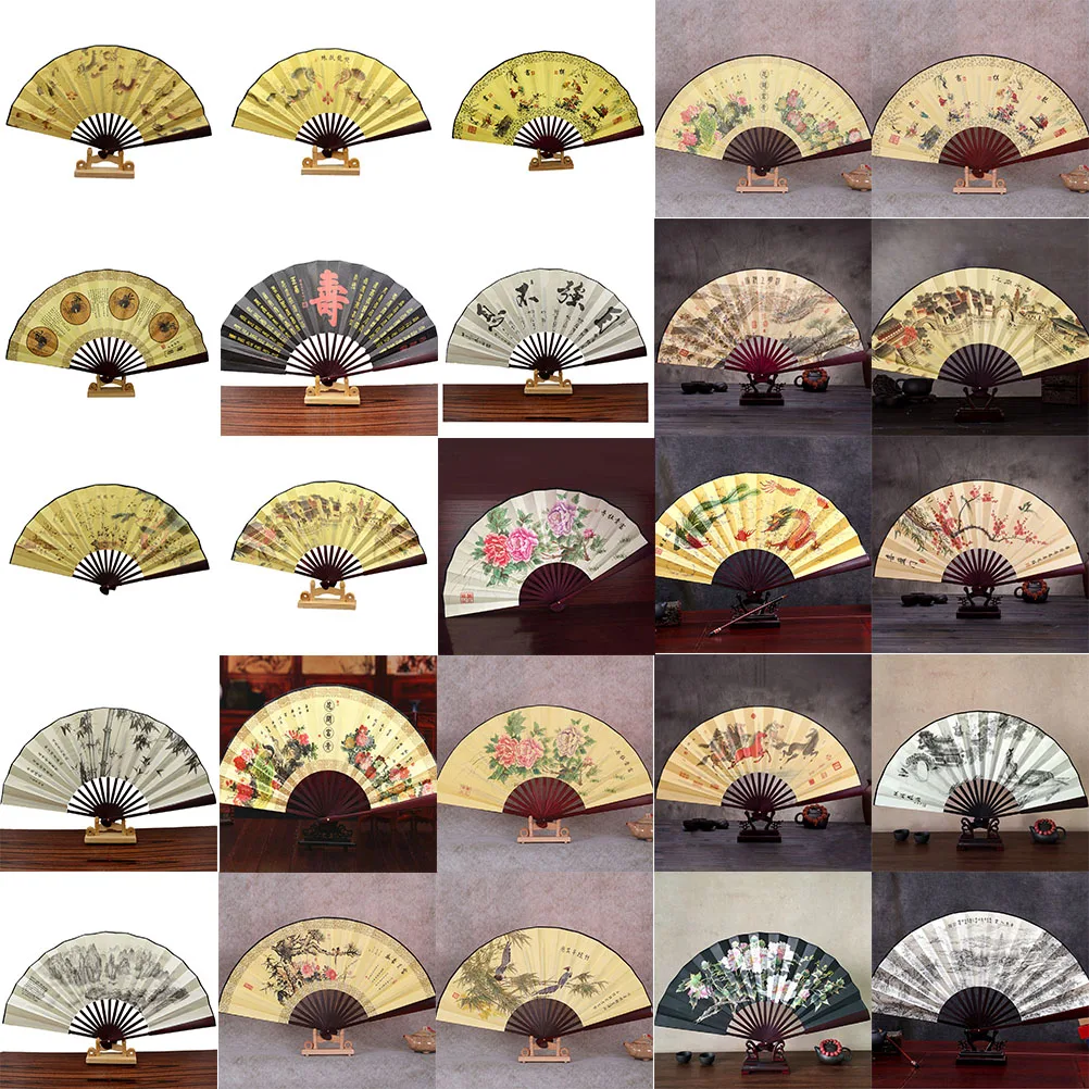 1PC Chinese Polyester Folding Fan Wooden Shank Classical Dance Fan High Quality Tassel Elegent Female Fan Home Decoration Random