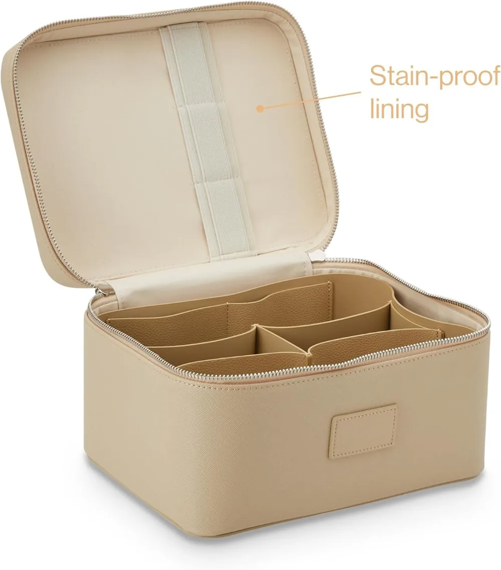 Stylish Travel Makeup Bag Organizer with Dividers - Beige Vanity Case for Cosmetics view 6