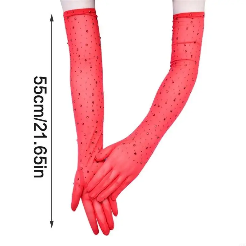 39BC Flapper Women Mesh Long Gloves with Rhinestones for Festival and Evening Event