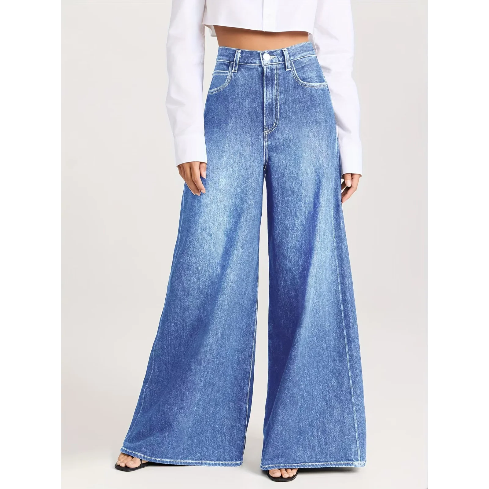 

Женские джинсы с высокой талией и широкими штанинами, эластичные, в стиле ретро, свободные, прямые, из денима, уличные брюки, модные повседневные брюки-клеш для женщин