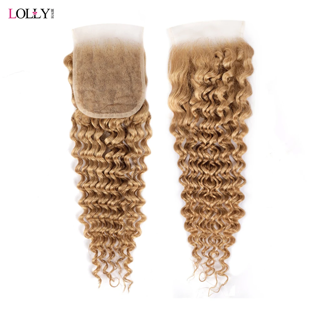 #27 Deep Wave Bundles With Closure 4x4 Honey Blonde Colored Human Hair Extensions Brazilian Hair Weave Bundles With Closure