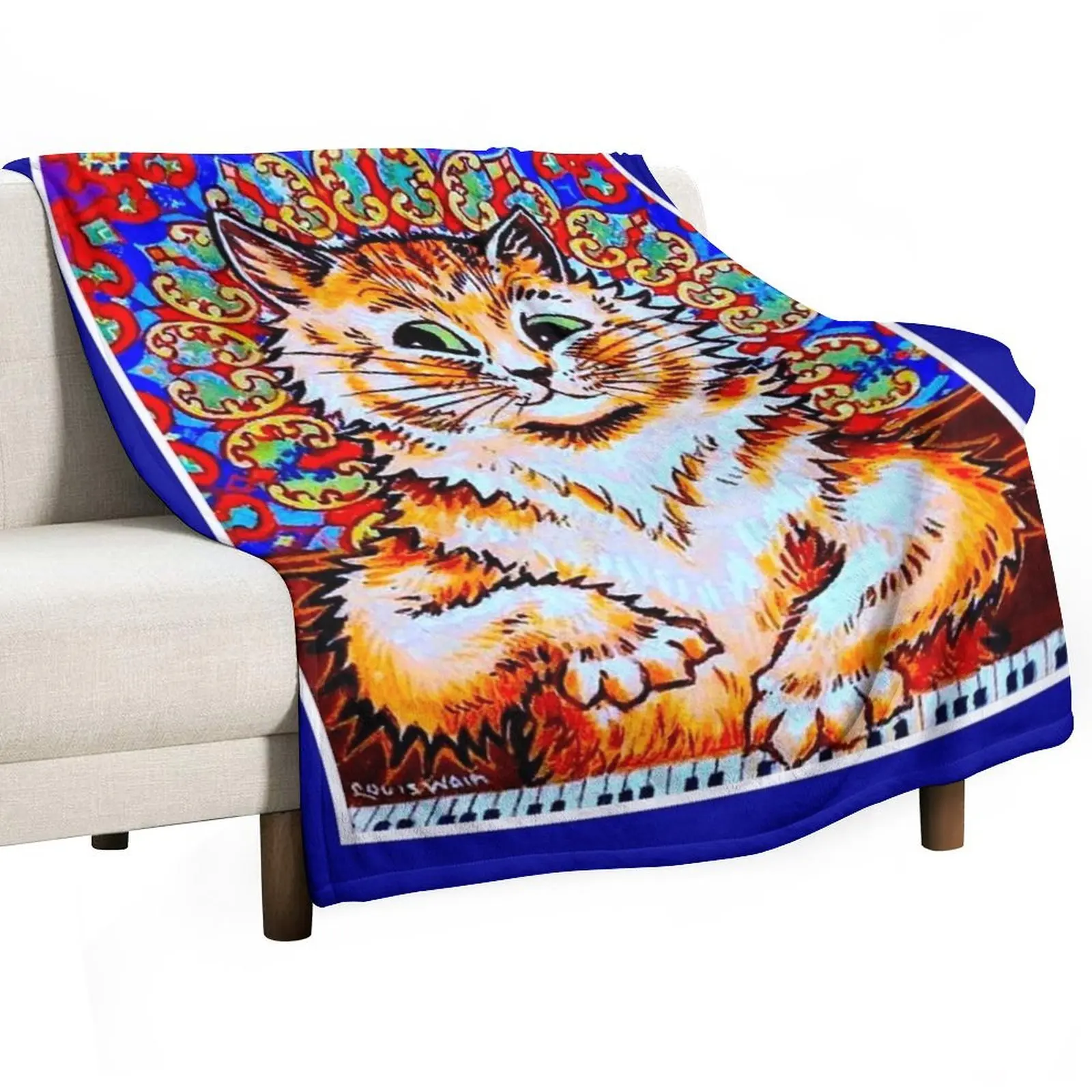 CAT PLAYING A PIANO : Vintage Psychedelic Abstract Louis Wain Print Throw Blanket Luxury Brand Personalized Gift Furrys Blankets