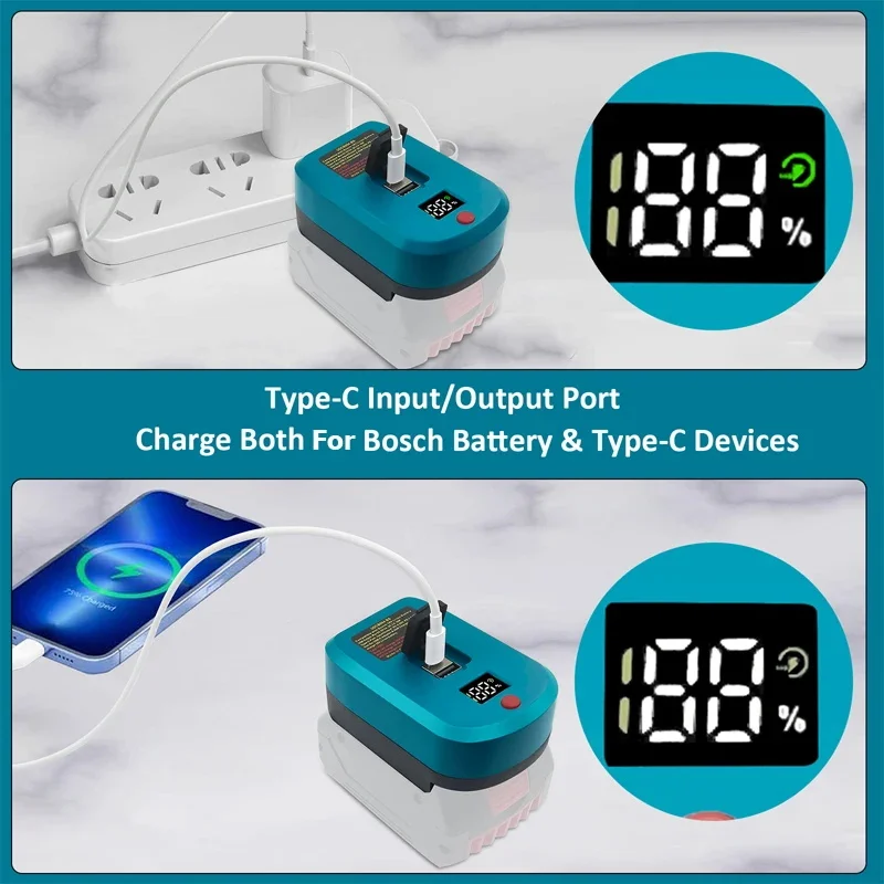 Adapter Charger for Makita/Bosch/Milwaukee/Dewalt 18V Battery With USB Type-C Input Output Fast Charging With Display Screen