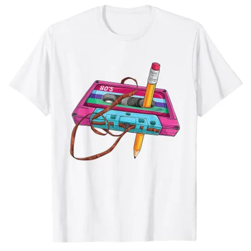 Funny 40th 50th 60th 70th Birthday Gift Graphic Tee 70's 80's 90's Vintage Cassette Tape Pencil Music Mixtape Printed T-Shirt