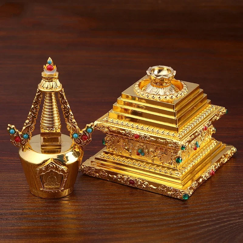 Golden Tibetan Buddha Statue Stupa ,Tantric Alloy Engraved Handicraft ,Auspicious Buddhism Home Collection ,Desktop Decorative - Image 2