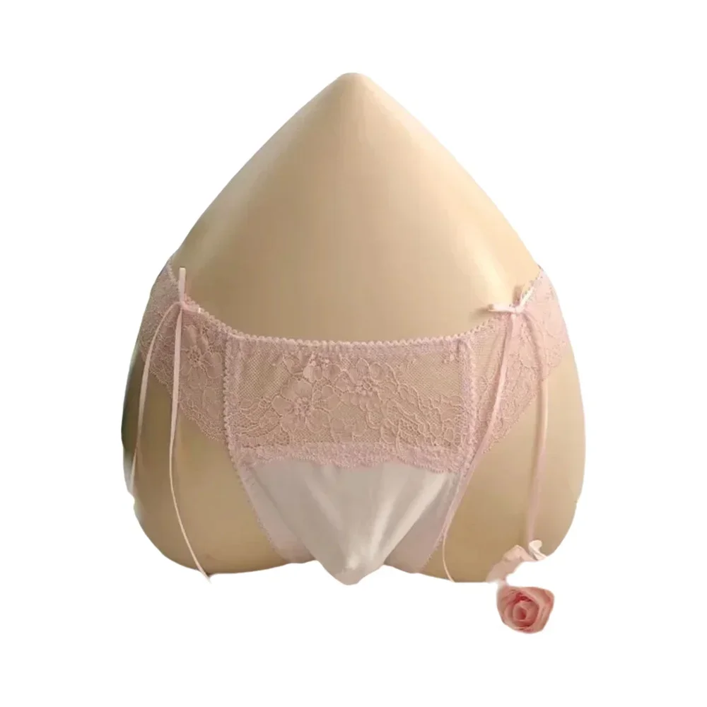 Men's Sexy Lace T-back Underwear Low Waist Bow Ice Silk G-string Sissy Lingerie Convex Pouch Party Thong Panties