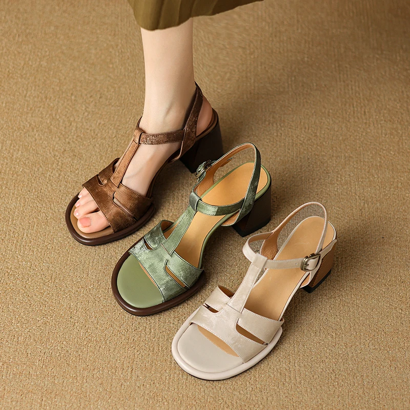 Nouvelles sandales d'été 2026 pour femmes en cuir naturel 22-25cm, cuir de vachette + peau de porc, à bride en T, talon haut, avec boucle à la cheville, chaussures tendance pour femmes