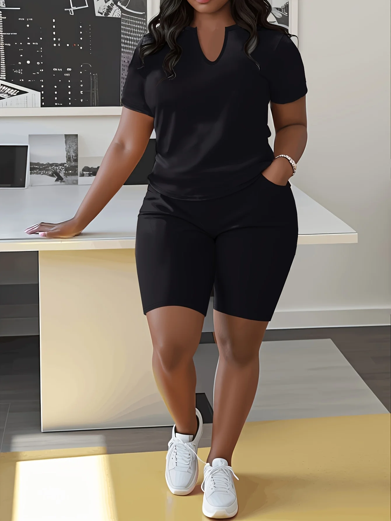 

Элегантный комплект однотонных шорт большого размера с короткими рукавами и v-образным вырезом — повседневная смесь полиэстера с карманами, идеальный выбор для Sp