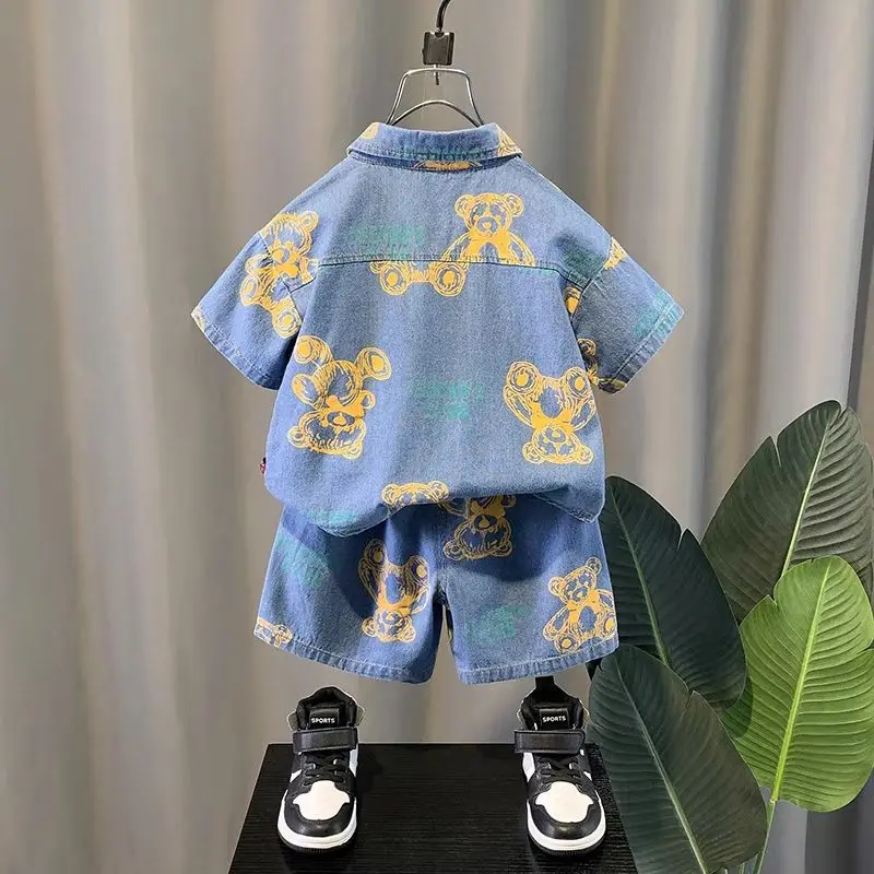 Children Cowboy Suit Casual Clothes Summer Child Boy full print bear T Shirt Short 2Pcs/set Infant Kid Fashion Toddler Tracksuit