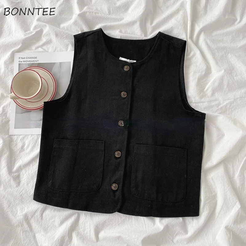 

Жилеты женские свободные повседневные укороченные однотонные с круглым вырезом для отдыха весна осень мягкие в стиле Normcore универсальные однобортные однобортные высокого качества