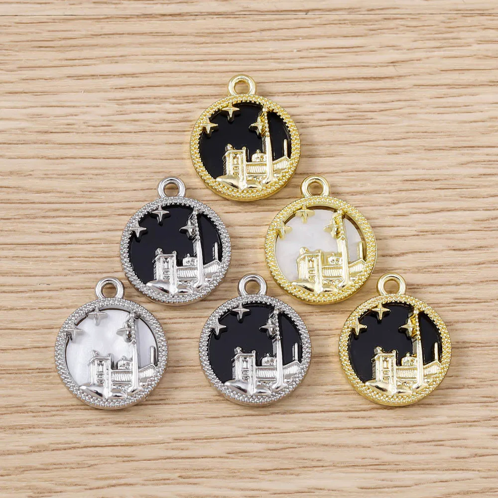 Tusember 5pcs Gold Plated Building Square Pendant For Necklace Natural Shell Round Charms DIY Handmade Jewelry Making Suplies