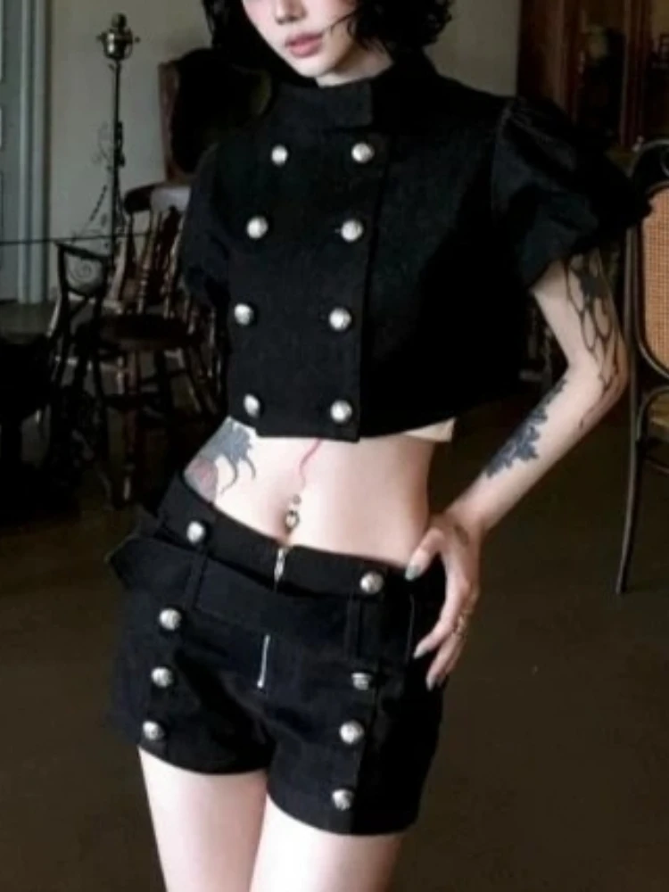 Jacket Sweet Vintage Super Gothic Cool Denim Puff Sleeve Washed Double Breasted Low Rise Edgy Hot Two Piece Chic Set Shorts