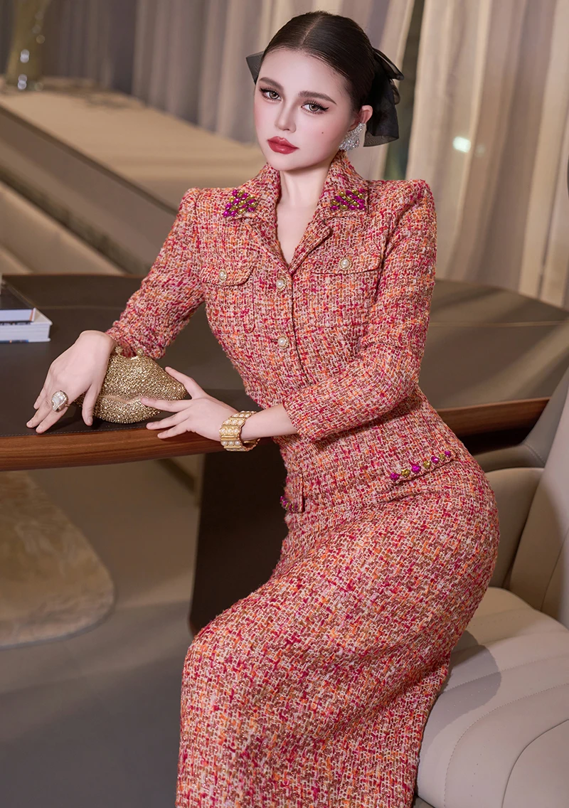 ZJYT Elegante luxe korte tweed wollen jas en lange rok 2-delige bijpassende set herfst winter 2025 damesoutfit feestpakken