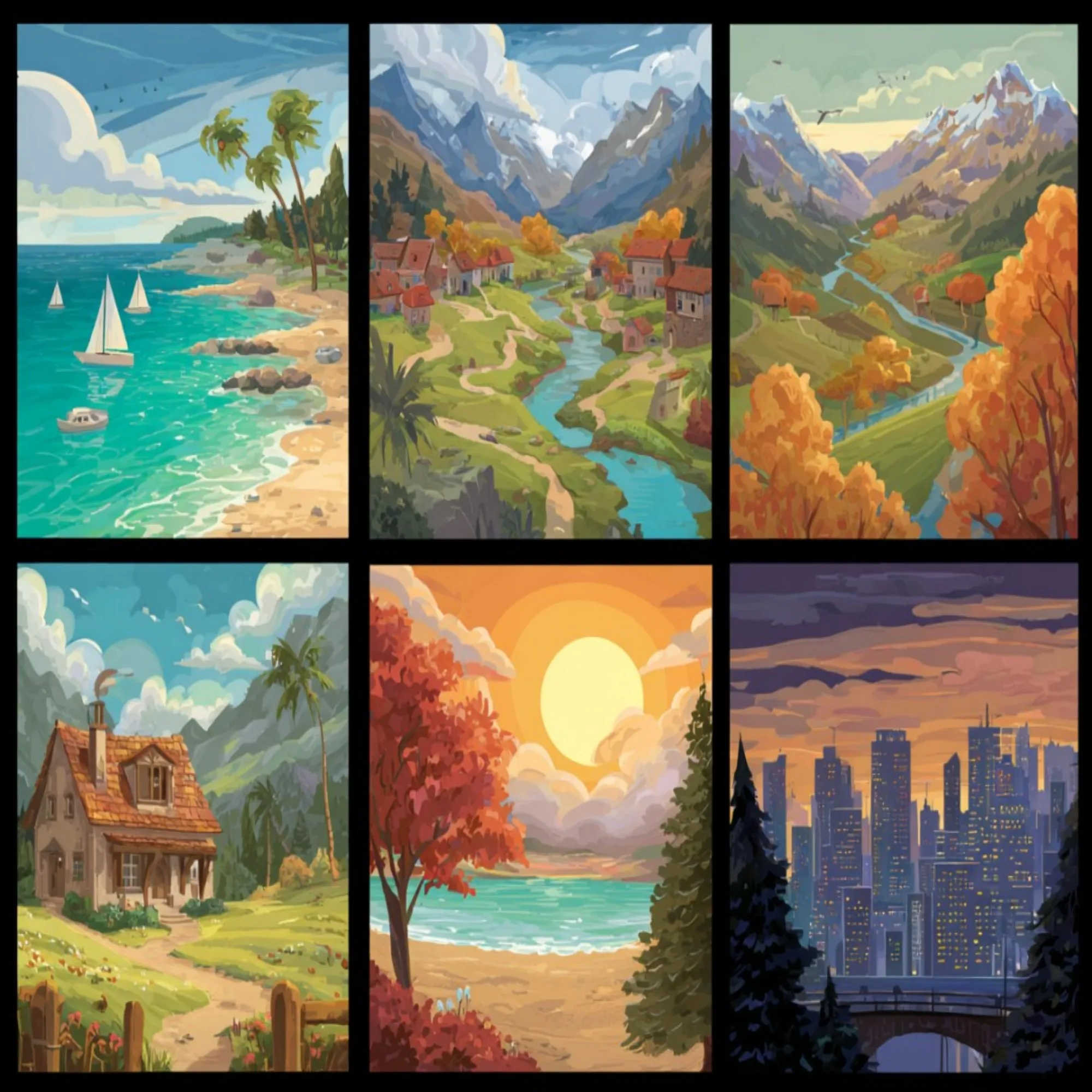 6 groups of paintings Sunset Coast Mountain Wilderness Painting By Numbers Kit DIY Acrylic Artwork Canvas Art Gift Home
