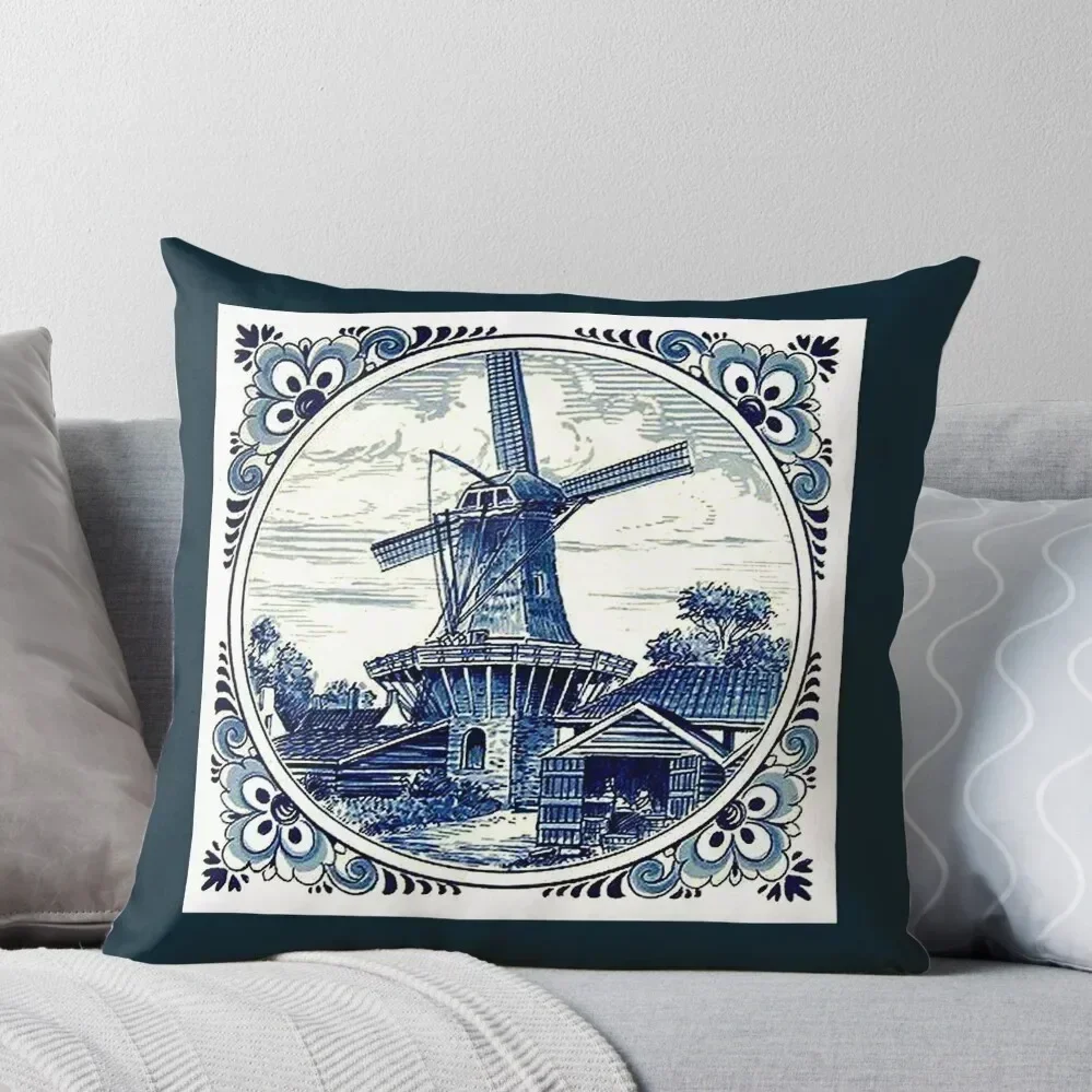 DUTCH BLUE DELFT : Vintage Windmill Print Throw Pillow Sofa Cushion Sofa Decorative Covers Plaid Sofa pillow