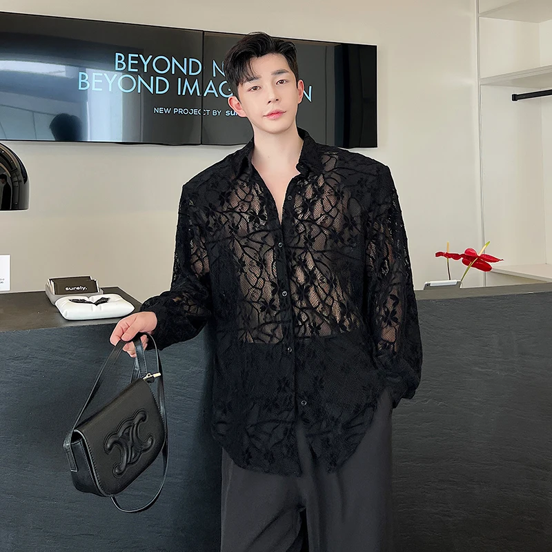 

Black Transparent Gauze Shirt Men Handsome Fashion Casual Streetwear Loose Long Sleeve Turn-down Collar Blouse Men's Clothing