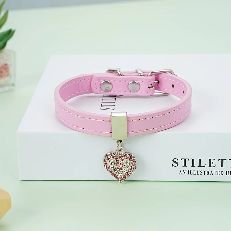 1pc cute Rhinestone Heart Leather Pet Collar for Dogs and Cats Stylish and Durable