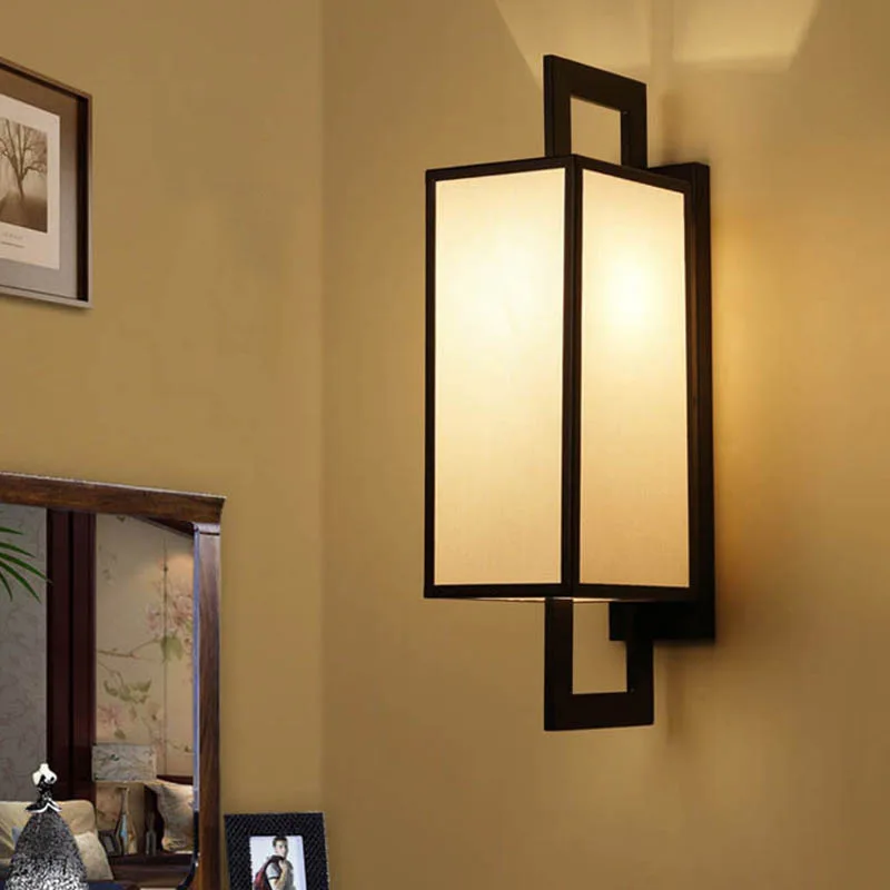 

New Chinese Wall Lamp Retro Living Room Bedside Lamp Iron Art Hotel Corridor Project e27 Cloth Light Decorative Wall Sconce